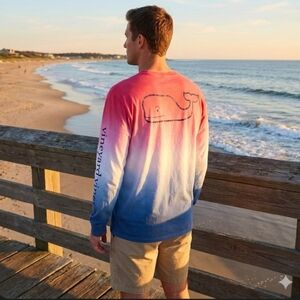 Vineyard Vines Men's Ombre Long Sleeved T-Shirt Pink Blue Whale Logo Men's XL